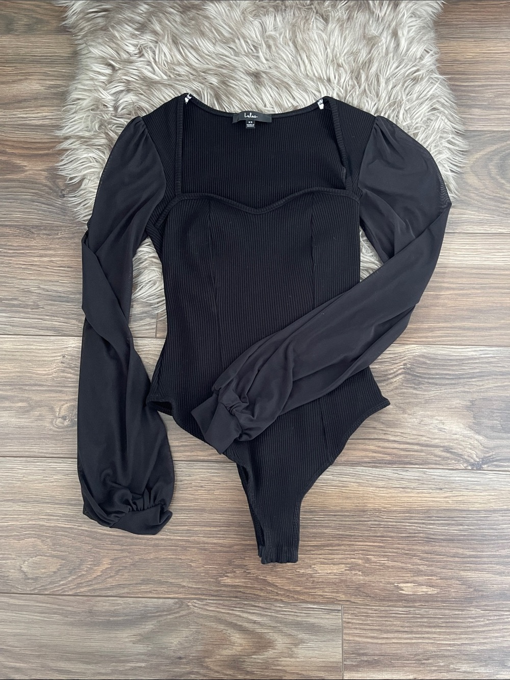 Lulu's Black Sweetheart Ribbed Long-Sleeve Bodysuit